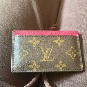 Louis Vuitton Brown and Gold Monogram Card Holder with Pink Accent